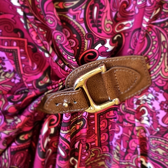 Cache Paisley V Neck 3/4 Sleeve Strerch Drape Dress with Leather Buckle - Picture 6 of 6